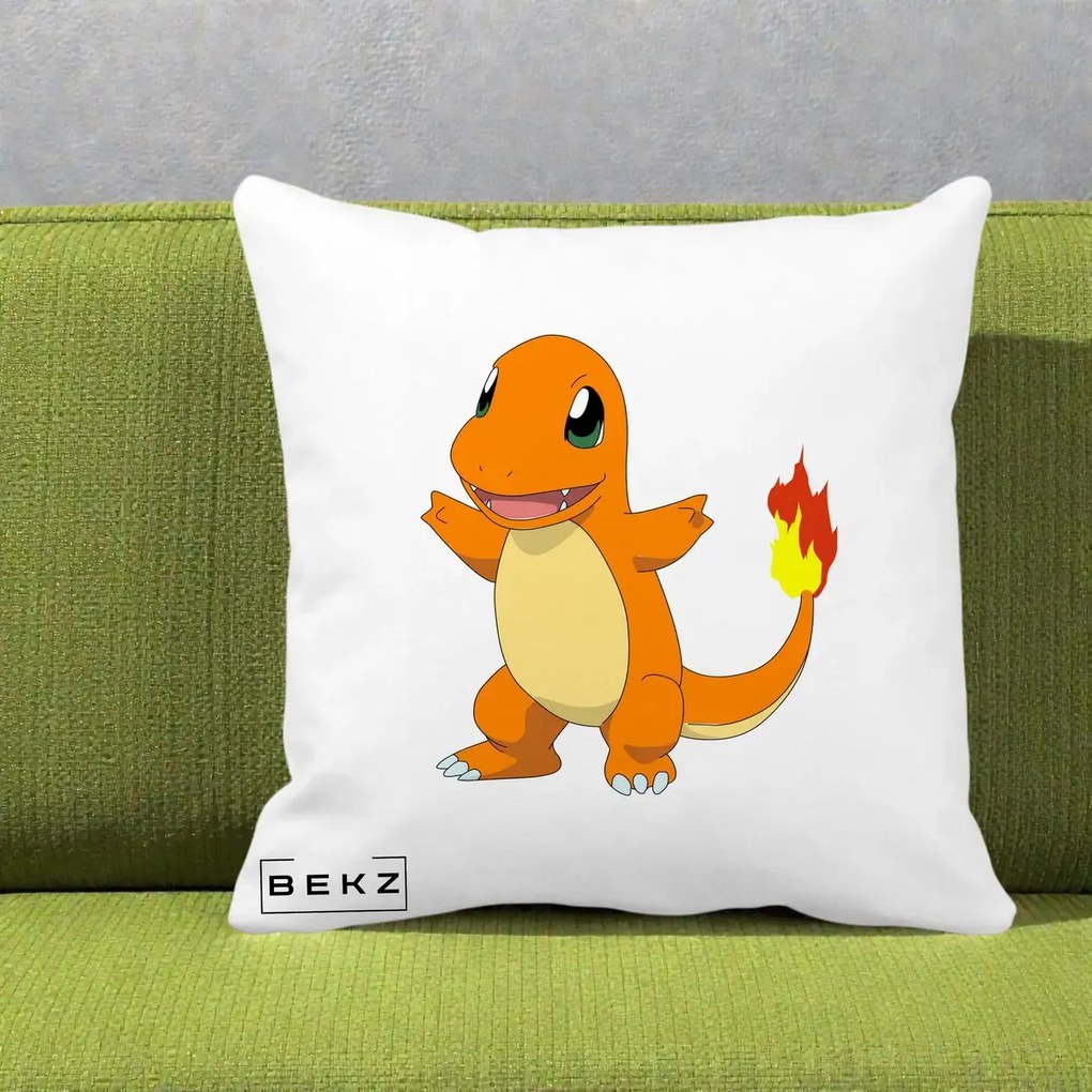 Perna Personalizata Charmander Pokemon, 40x40 cm, Alba Mata, Husa Detasabila, Perna Inclusa, BEKZ®