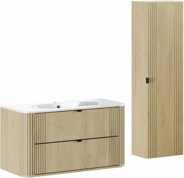 Set dulap baza suspendat 100 cm cu lavoar si dulap coloana Comad Ovalia stejar Cremona