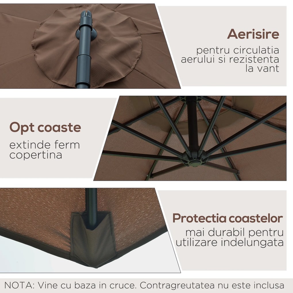 Outsunny Umbrelă Exterioară cu Manivelă, din Oțel și Poliester Rezistent la UV, Ø295x245 cm, Cafea | Aosom Romania