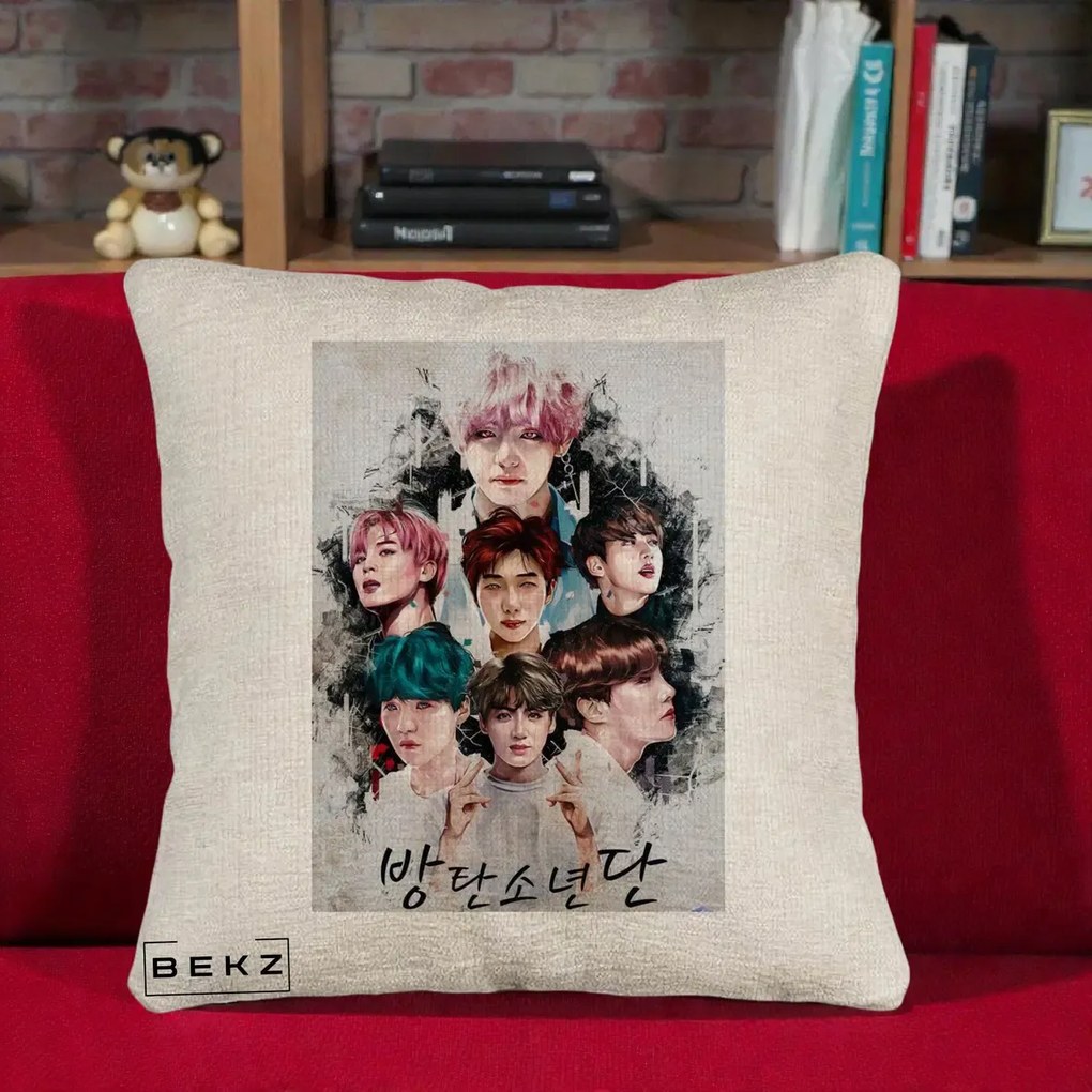 Perna Personalizata K-pop BTS Bangtan Boys Poster Artistic Negru Alb, 40x40 cm, Bej Canapea, Husa Detasabila, Perna Inclusa, BEKZ®
