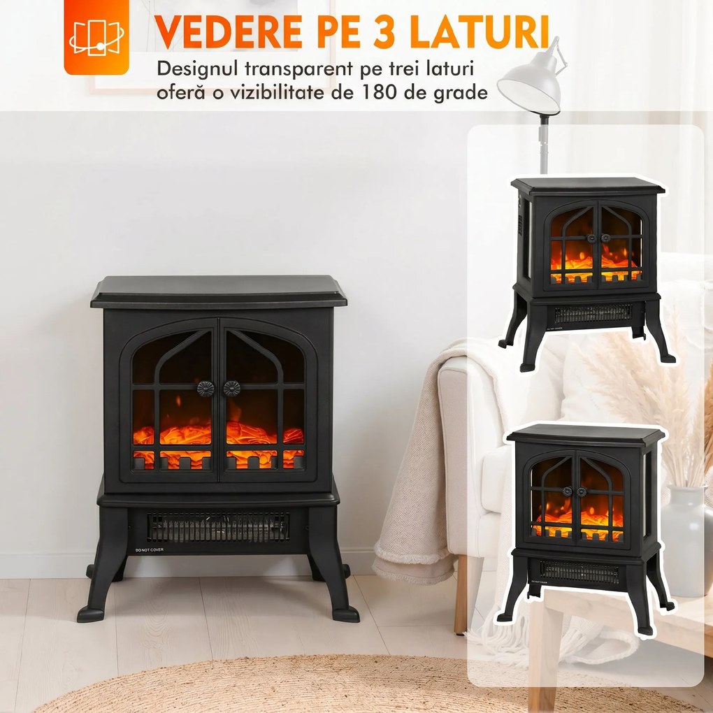 HOMCOM Șemineu Electric de Podea, Flacără 3D, Termostat 10-35°C, Plastic, Sticlă, 39x24x48 cm, Negru | Aosom Romania
