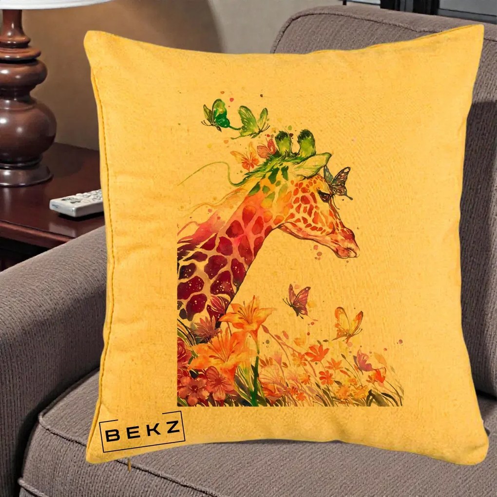 Perna Decorativa Girafa Curcubeu Acuarela, 40x40 cm, Galben, Husa Detasabila, Perna Inclusa, BEKZ®