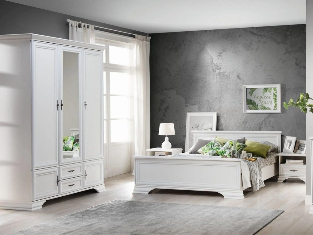 Mobilier dormitor alb IDENTO 2, cu pat 160x200, dulap cu 5 usi si 2 se