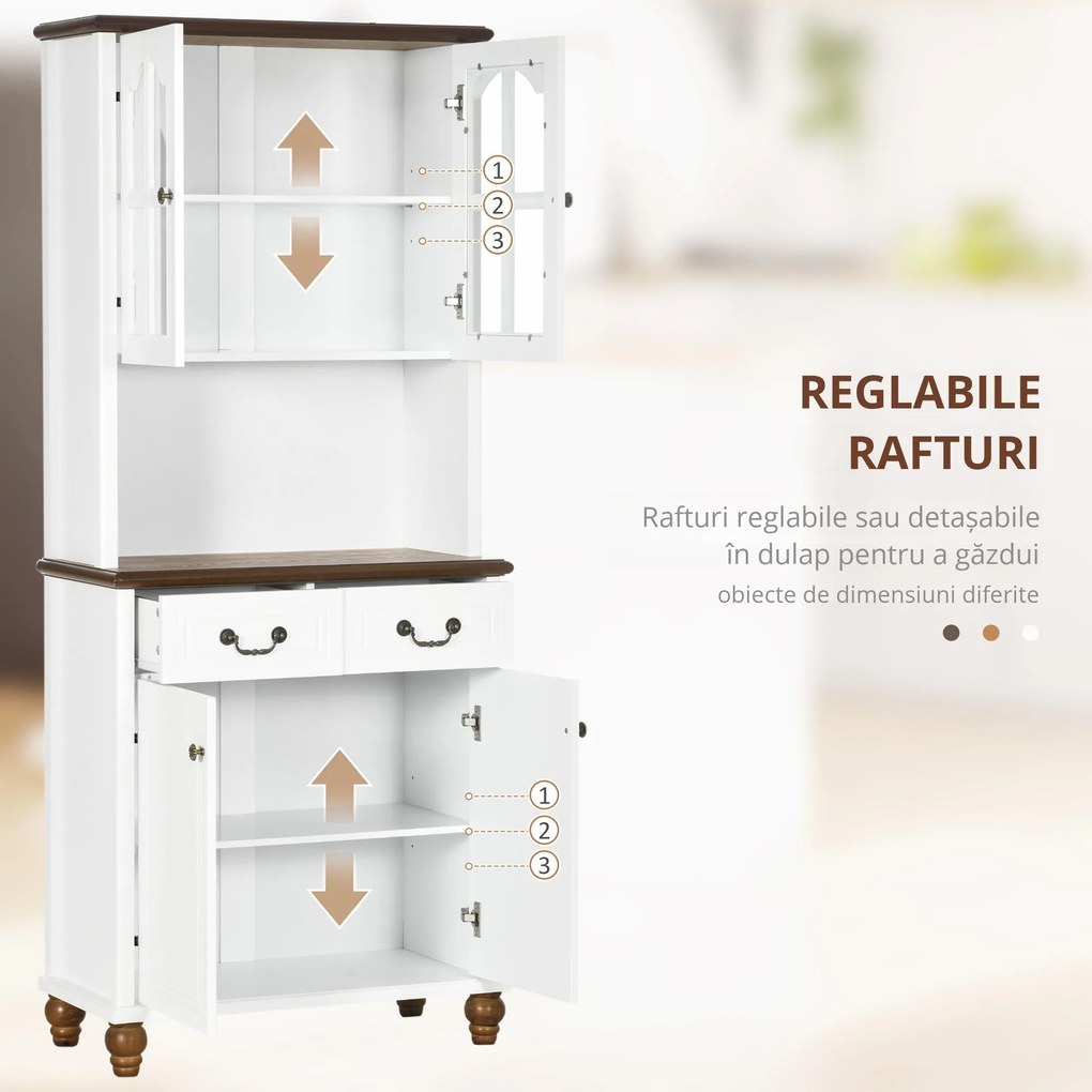 HOMCOM Sifonier de Bucătărie, Bufet, 2 Sertare, 2 Compartimente cu Uși, Design Clasic, Alb + Maro închis, 76 x 38 x 182 cm | Aosom Romania