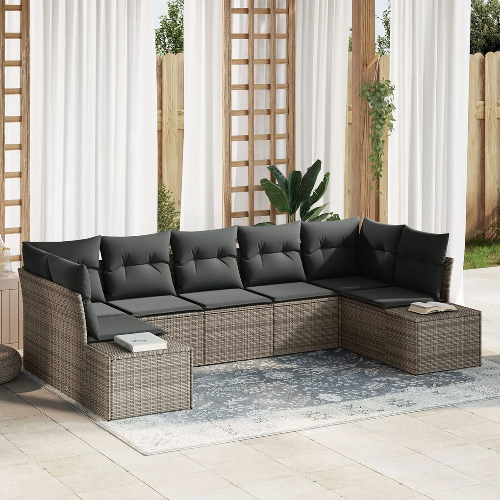 vidaXL Set de canapele pentru grădină cu pernă 7 pcs Gri Rattan poli