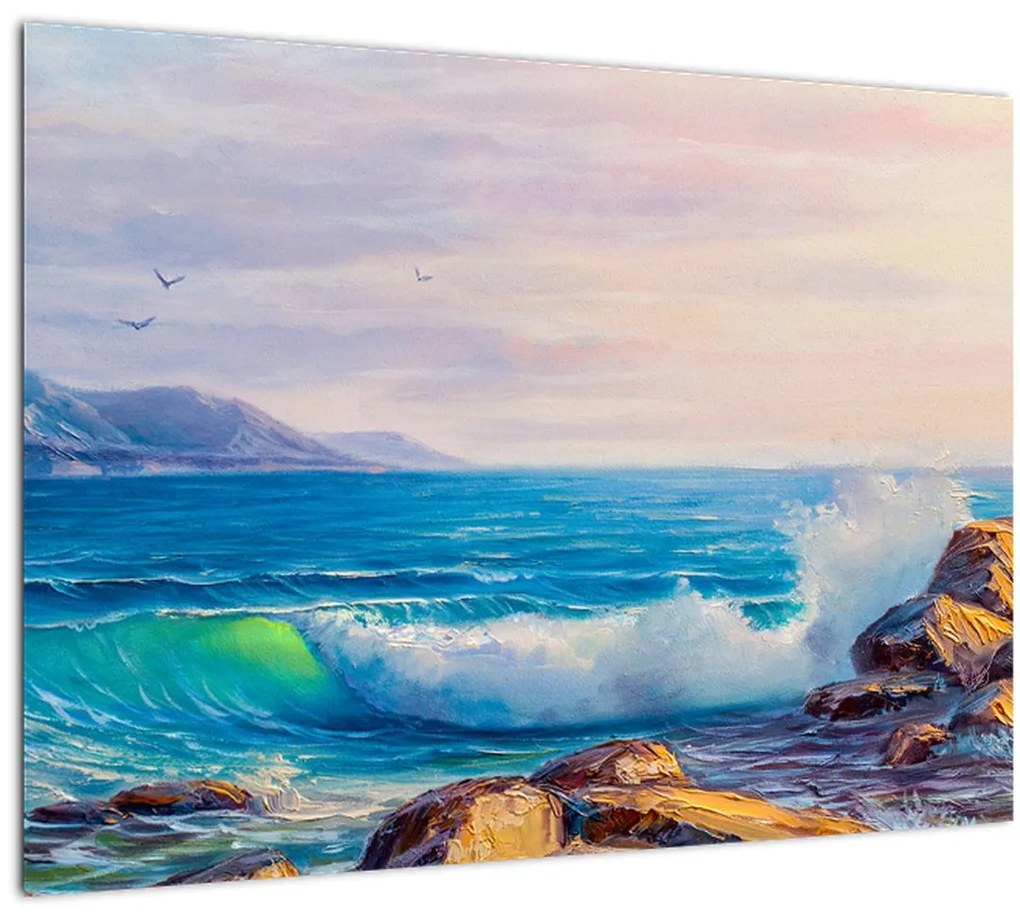 Tablou pe sticlă - Valuri lovind stânci, pictură în ulei (70x50 cm)
