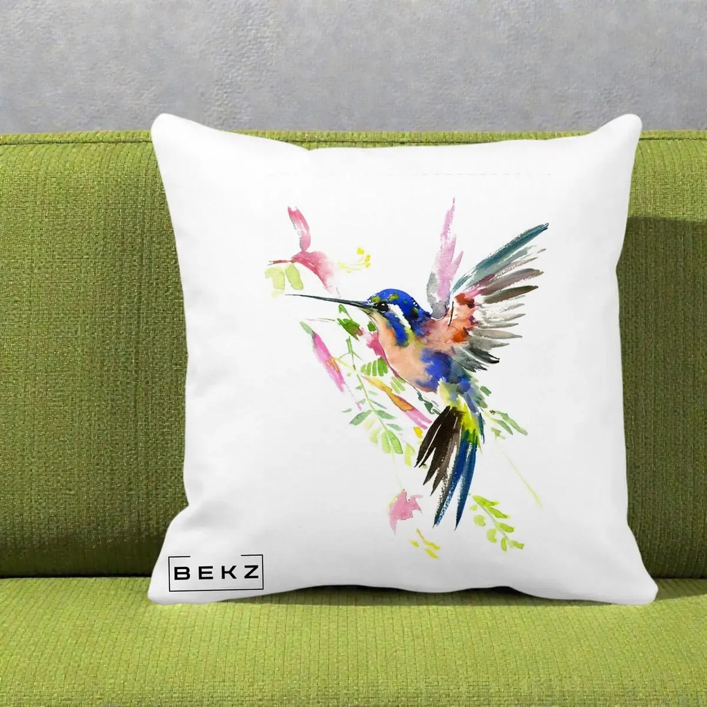 Perna Decorativa Colibri Acuarela, 40x40 cm, Alba Mata, Husa Detasabila, Perna Inclusa, BEKZ®