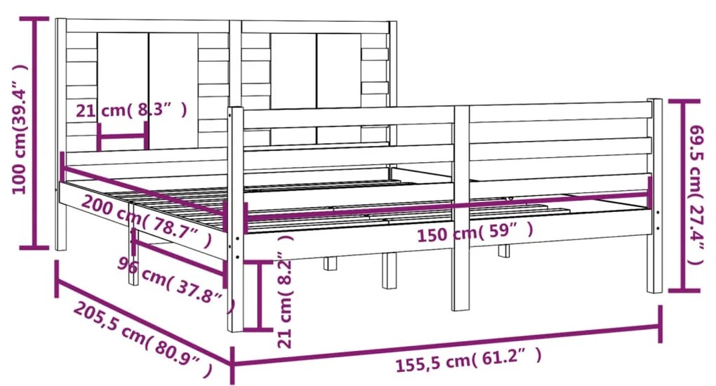 Cadru de pat 5FT King Size, 150x200 cm, lemn masiv de pin Maro, 150 x 200 cm