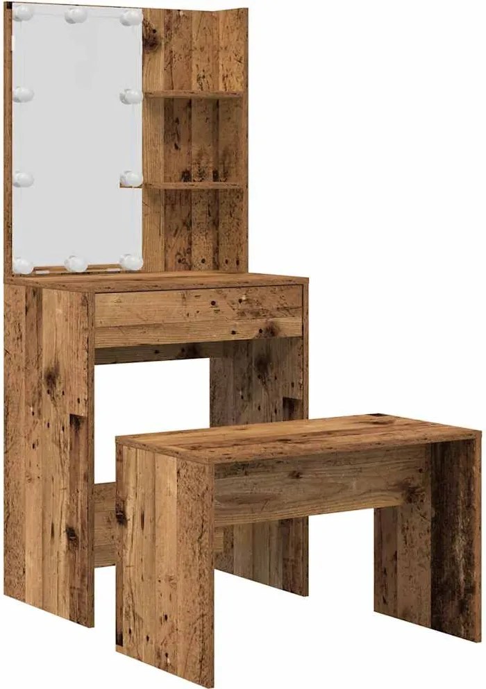 vidaXL Set de măsuță de toaletă cu LED Lemn vechi din lemn lemnos