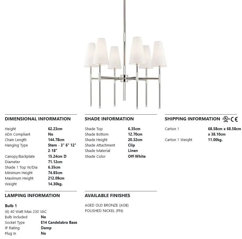 Candelabru LUX design clasic BOWERY nichel lustruit, cu 6 surse de lumina