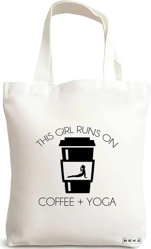 Sacosa de Panza pentru Cumparaturi, Geanta Tote Yoga This Girl runs on coffe and yoga 2, 38x34.5 cm, Alba, BEKZ®
