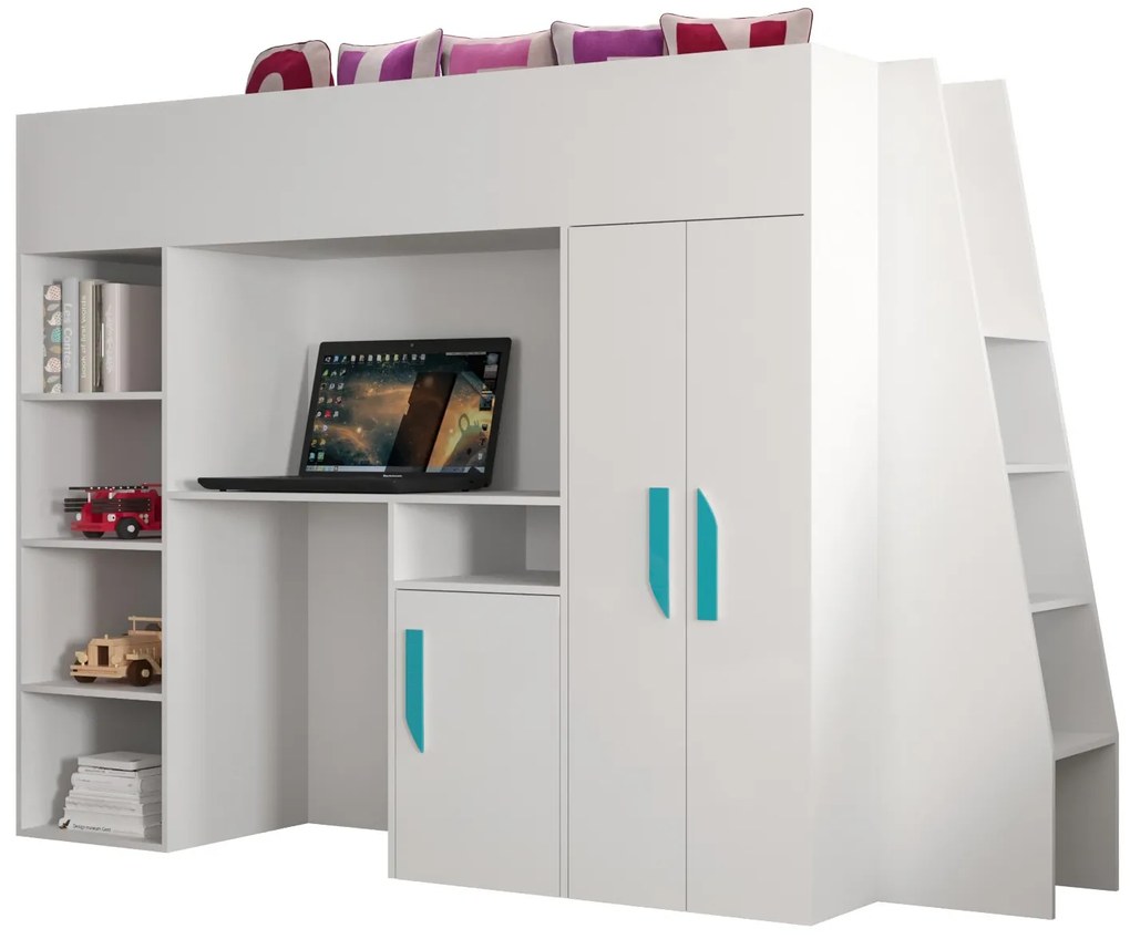 Pat pentru copii combinat 90 cm Puro 15 (alb mat + alb lucios + mânere Turcoaz). 1087099