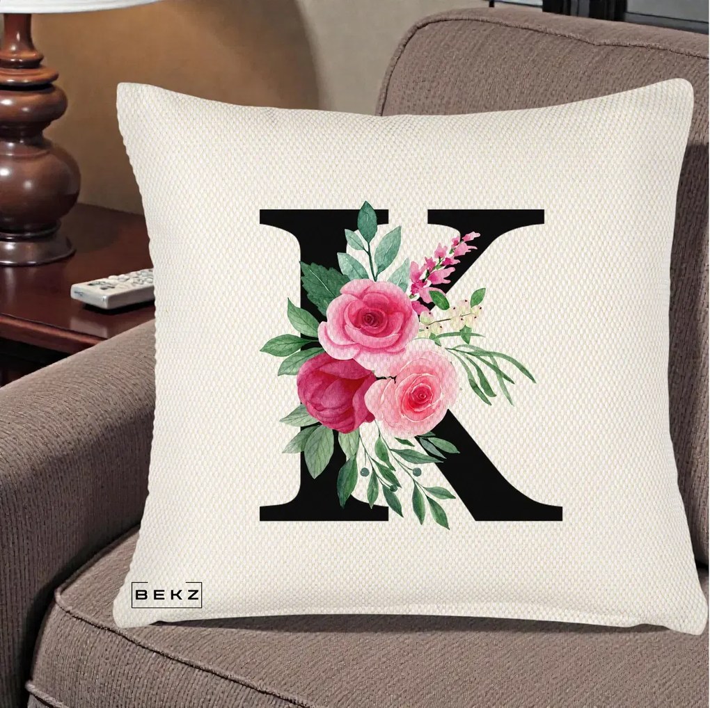 Cadou Personalizat - Perna Personalizata Monograma Florala Litera K, 40x40 cm, Crem Reliefat, Husa Detasabila, Perna Inclusa, BEKZ®