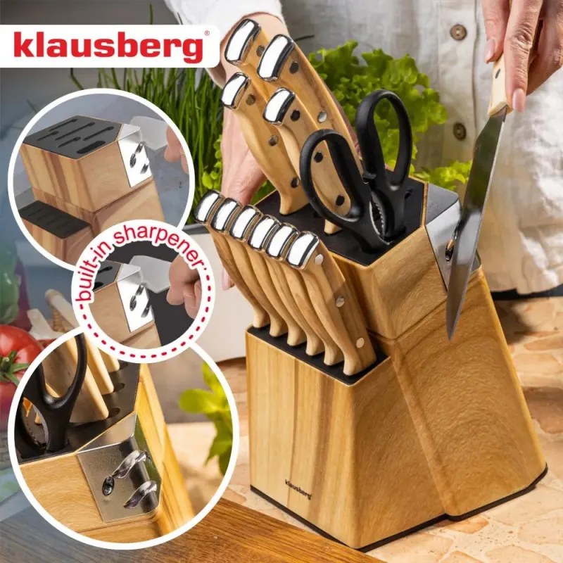 Set de cuțite de bucătărie Klausberg KB 9038, 13 piese, ascuțitor încorporat, oțel inoxidabil, suport, maro