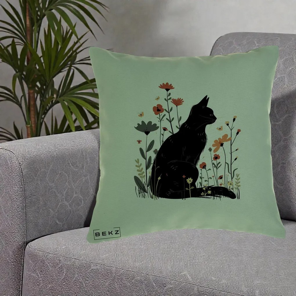 Perna Decorativa Pisica Neagra Profil Flori Portocalii, 40x40 cm, Verde, Husa Detasabila, Perna Inclusa, BEKZ®