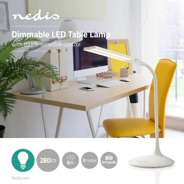 Nedis LTLG3M1WT4 - Lampă de birou LED reglabilă 6W, 5V, 2200 mAh albă