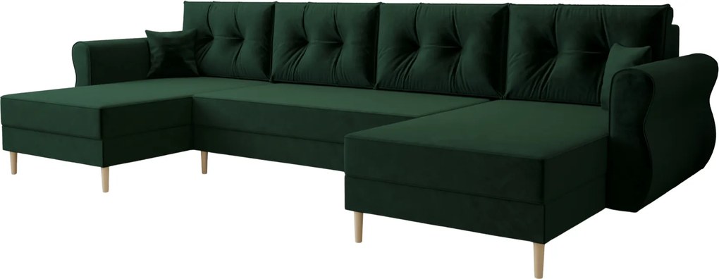 Canapea extensibila in forma de U SILVIANO 300x140 cm, verde inchis + 2 pernute CADOU