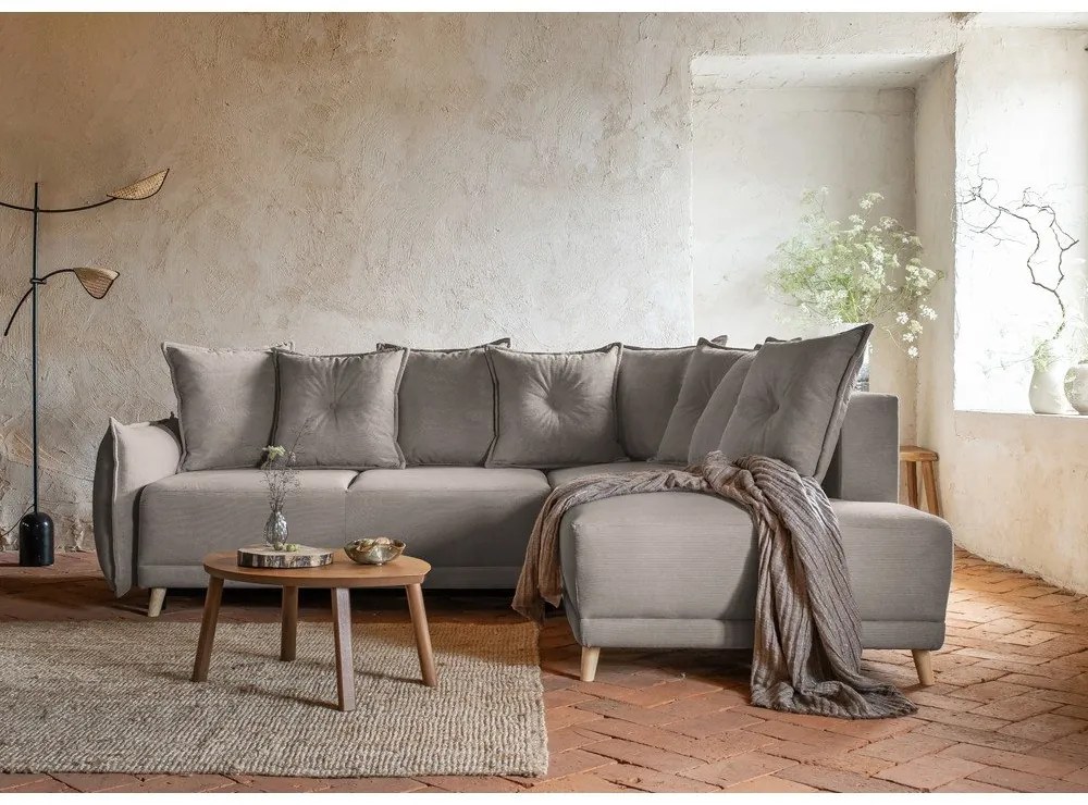 Colțar maro deschis extensibil cu tapițerie din catifea reiată (colț dreapta) Lazy Lukka – Miuform