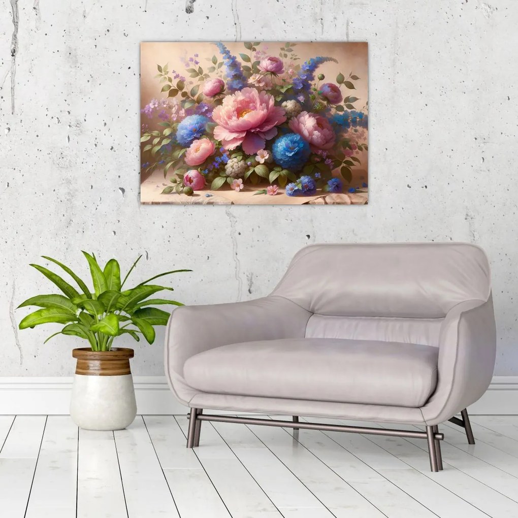 Tablou pe sticlă - Masă plină de flori (70x50 cm)