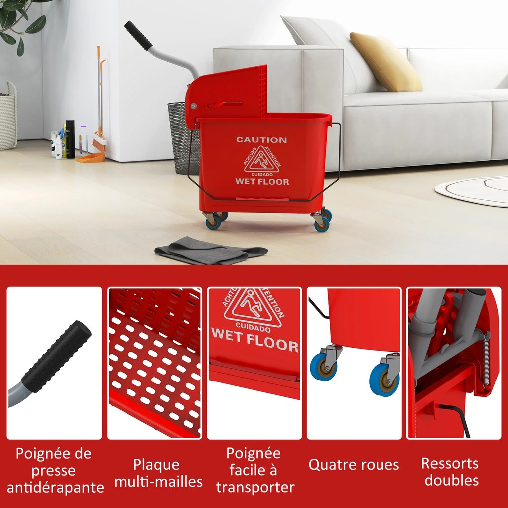 HOMCOM, Cărucior de curățat cu mop și separator de apă pentru curățenie, 20 L, roșu, 60L x 27l x 70,5H cm | Aosom Romania