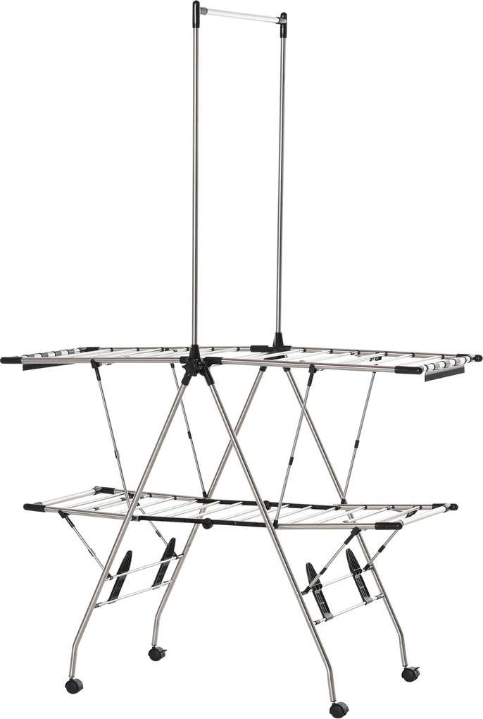 HOMCOM Uscător de rufe cu suport pliabil și roți, spațiu mare de uscare, oțel inoxidabil 138,5 x 63 x 208 cm argintiu negru | Aosom Romania