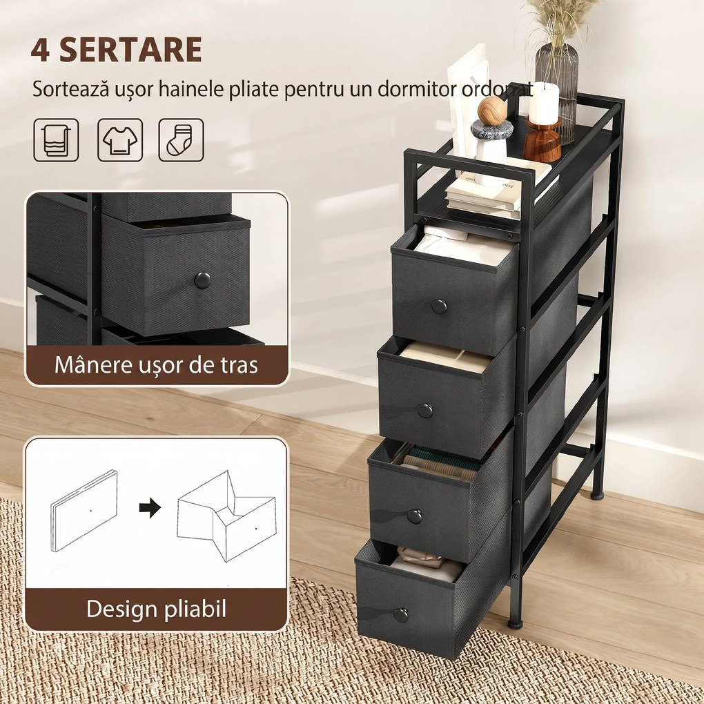 HOMCOM Comodă din Material Textil Slim, Economisire Spațiu, cu 4 Sertare, Cadru Metalic, Negru | Aosom Romania