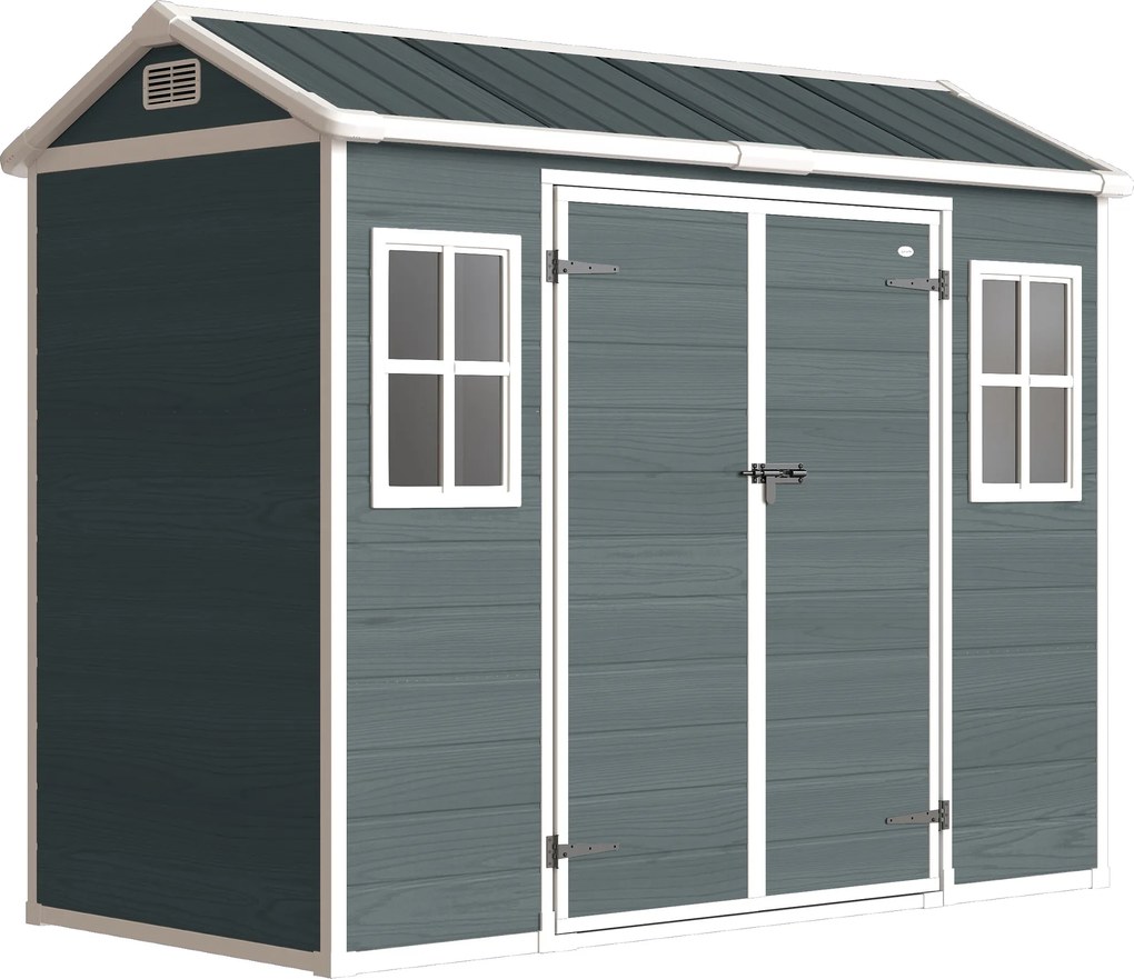 Outsunny Magazie pentru scule 2,77 m², magazie cu aspect lemn 2 ferestre ușă dublă ventilație pardoseală încuietoare mănuși | Aosom Romania