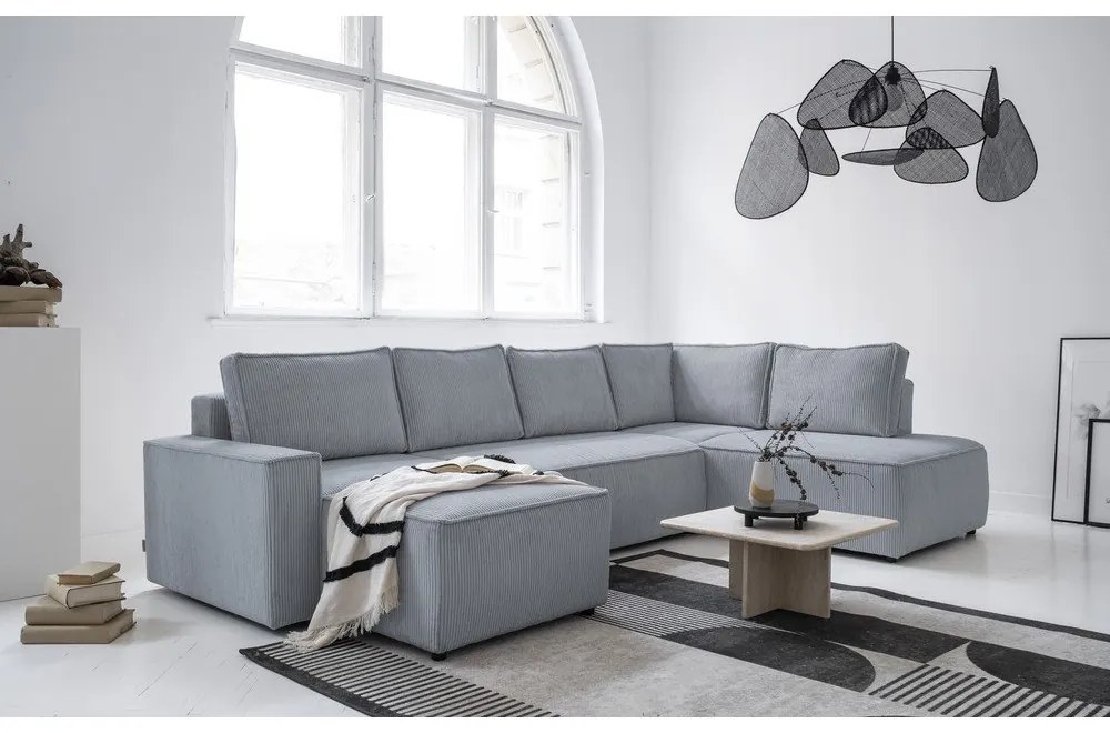 Colțar gri deschis extensibil cu tapițerie din catifea reiată (cu colț pe partea dreaptă/în formă de "U") Brave Dave – Miuform