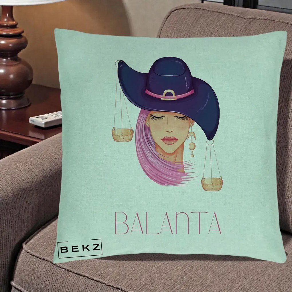 Perna Personalizata Zodiac Balanta Cowgirl, 40x40 cm, Verde Menta, Husa Detasabila, Perna Inclusa, BEKZ®