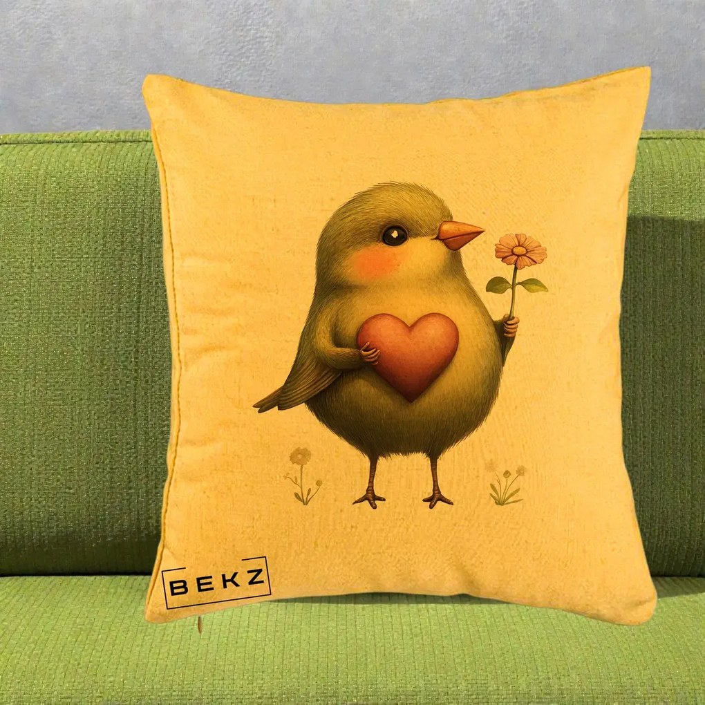 Perna Decorativa Pasare Verde cu Inima si Floare, 40x40 cm, Galben, Husa Detasabila, Perna Inclusa, BEKZ®