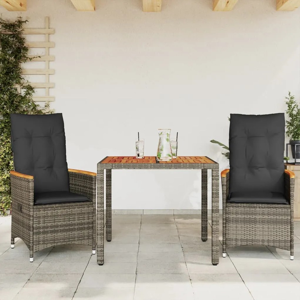 vidaXL Set bistro de grădină cu perne, 3 piese, gri, poliratan