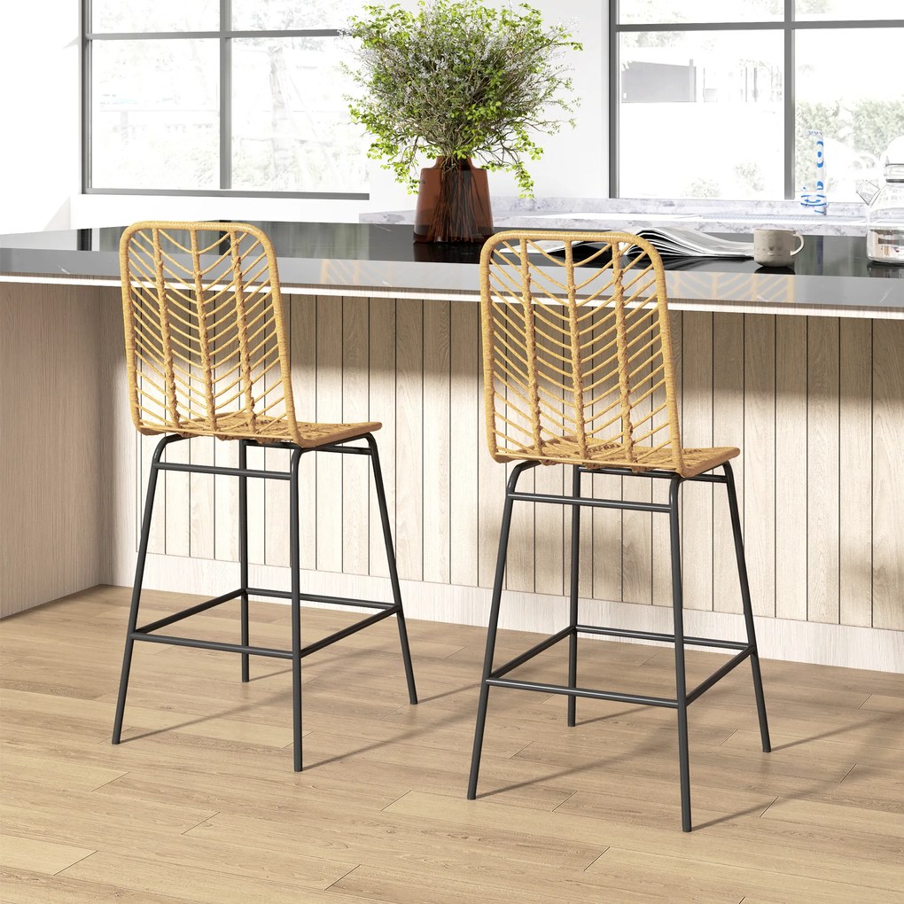 HOMCOM Lot de 2 taburete de bar design boem Înălțime 66 cm cu suport pentru picioare din metal și răchită PE, natural | Aosom Romania