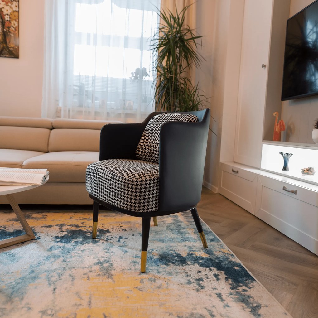 Fotoliu design, model alb-negru/ piele ecologică albastru închis, EMREN