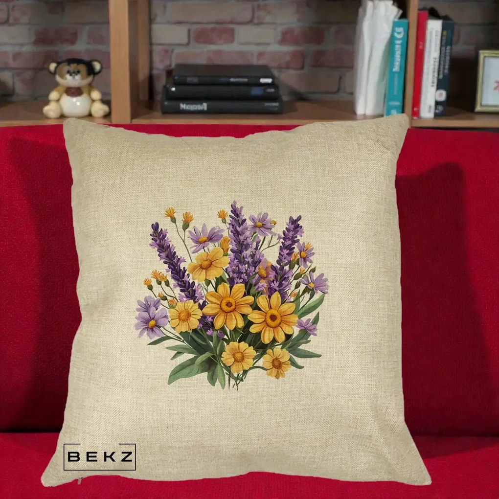 Perna Decorativa Lavanda cu Margarete Galbene si Lila, 40x40 cm, Crem, Husa Detasabila, Perna Inclusa, BEKZ®