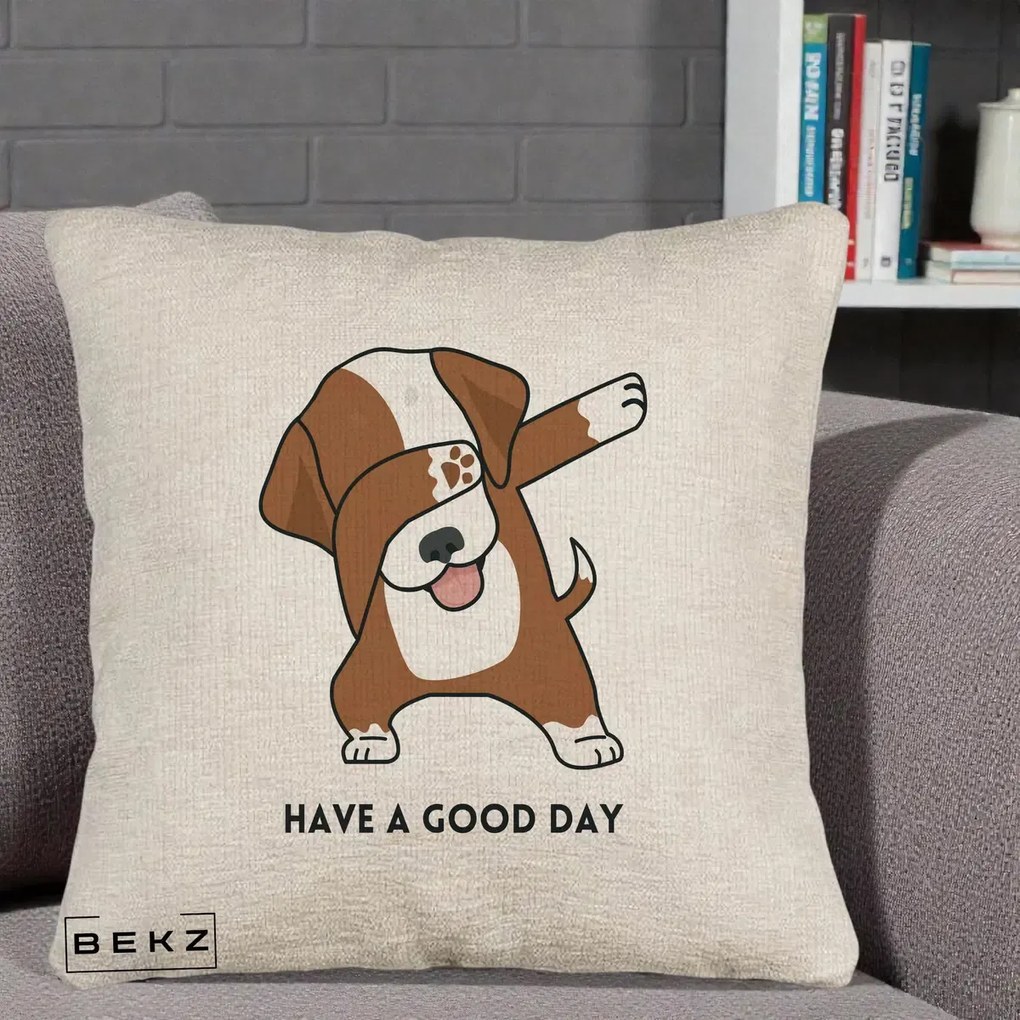 Perna Decorativa Caine Dab Have A Good Day, 40x40 cm, Bej Canapea, Husa Detasabila, Perna Inclusa, BEKZ®