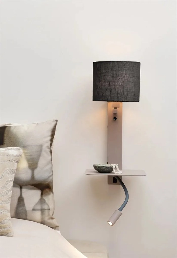 Aplica cu raft si reader LED, port USB si abajur textil negru Florence