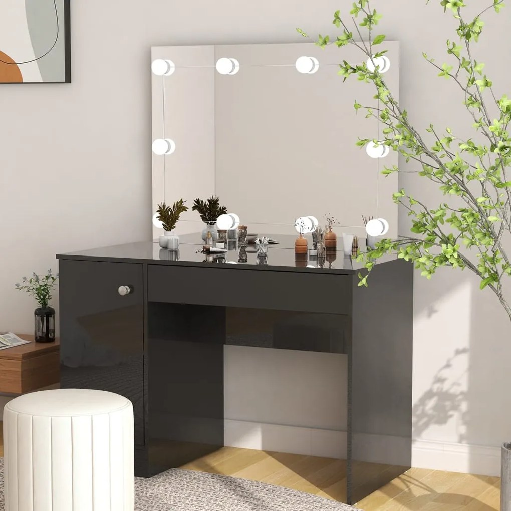 331549 vidaXL Masă de machiaj cu lumini LED, negru lucios, 110x55x145 cm, MDF