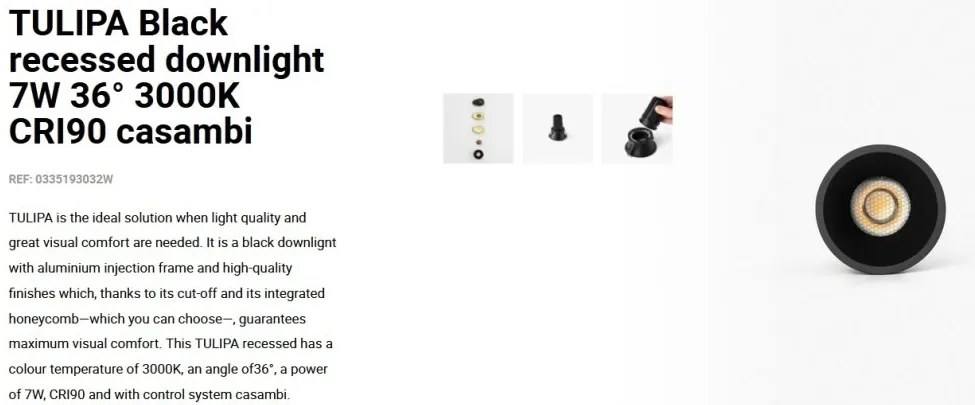 Spot LED incastrabil TULIPA Black recessed downlight 7W 36° 3000K CRI90 casambi