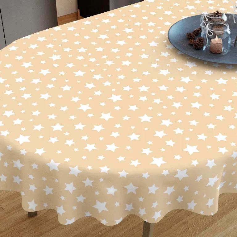 Goldea față de masă decorativă  loneta - model 360 de crăciun - steluțe albe pe bej - ovală 140 x 280 cm