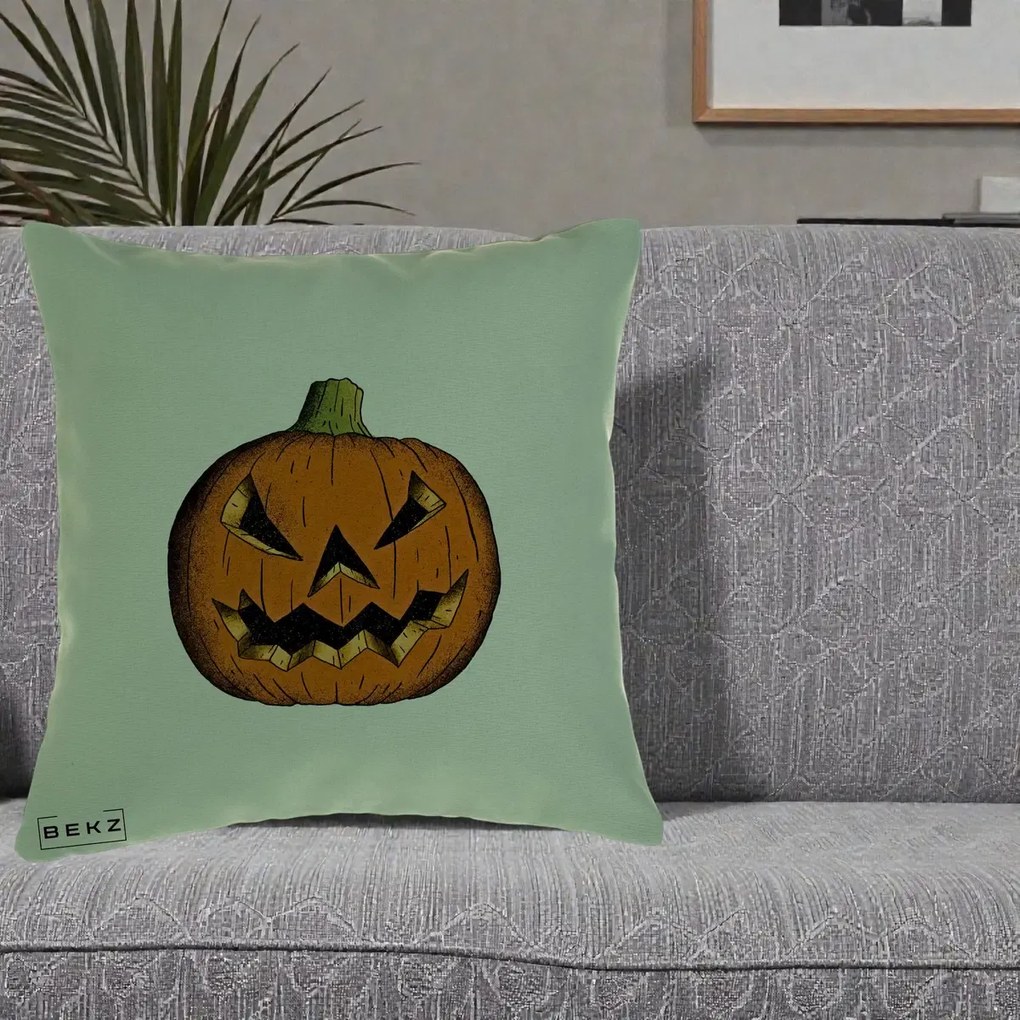 Perna Decorativa Halloween Dovleac Portocaliu Clasic, 40x40 cm, Verde, Husa Detasabila, Perna Inclusa, BEKZ®
