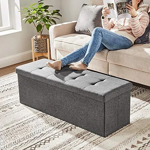 Bancheta cu capac si spatiu depozitare, MDF / textil, gri inchis, Songmics