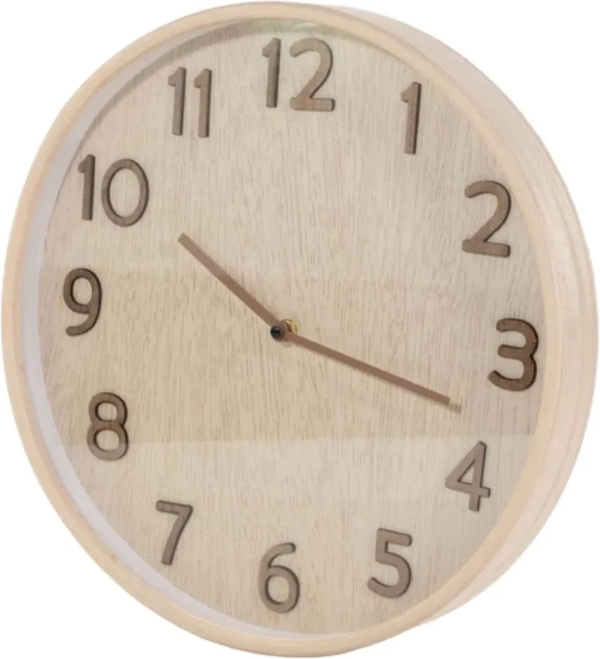 Ceas decorativ de perete, cu aspect de lemn natur și cifre reliefate, design modern