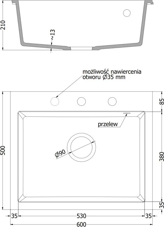 Mexen Elix chiuvetă din granit 1-cameră 600 x 500 mm, alb, sifon crom - 6525601005-20