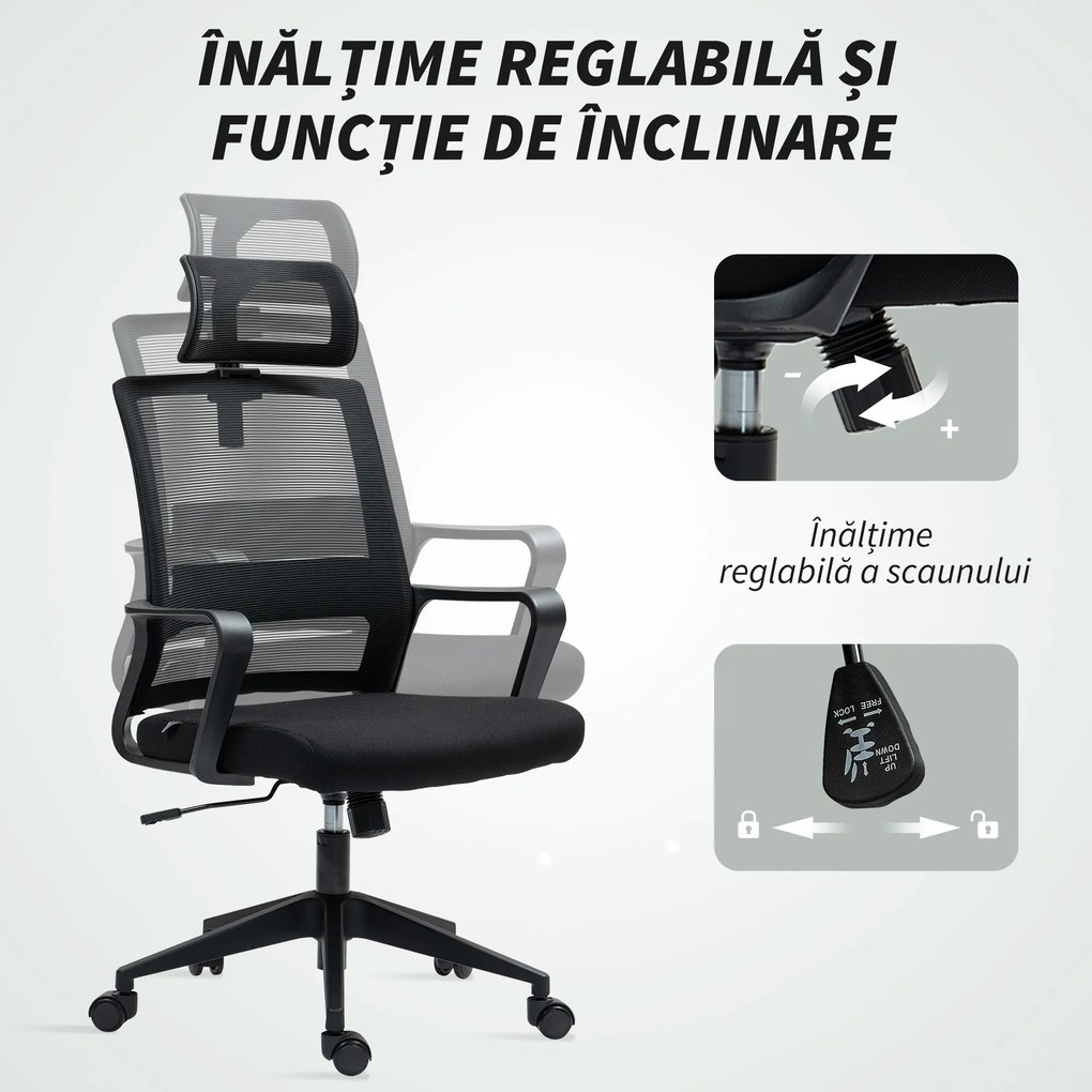 HOMCOM Scaun de Birou Ergonomic cu Tetieră, Înălțime Reglabilă și Funcție de Balansare, 60x64x102-112 cm, Negru | Aosom Romania