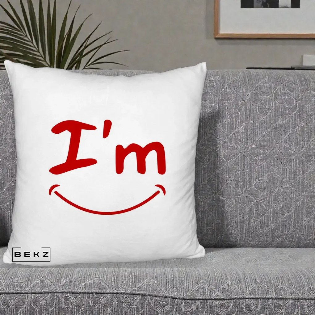 Perna Decorativa I'm Happy Smile, 40x40 cm, Alb Pufos, Husa Detasabila, Perna Inclusa, BEKZ®