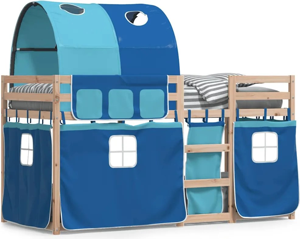 vidaXL Pat supraetajat cu perdele, albastru, 90x200 cm, lemn masiv pin