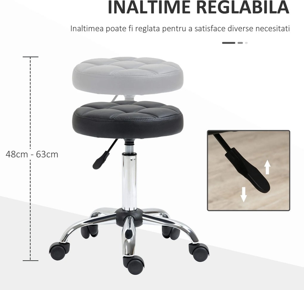 HOMCOM Scaun Rotativ cu Roti, Rotund, Scaun pentru Coafor și Estetician cu Înălțime Ajustabilă, Tapițat în Piele Ecologică, Ø35.5x51-67 cm, Negru