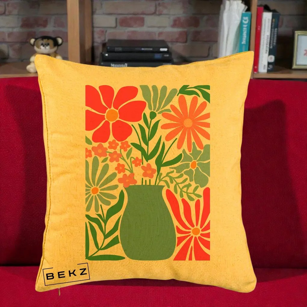 Perna Decorativa Flori in Vaza Turcoaz, 40x40 cm, Galben, Husa Detasabila, Perna Inclusa, BEKZ®