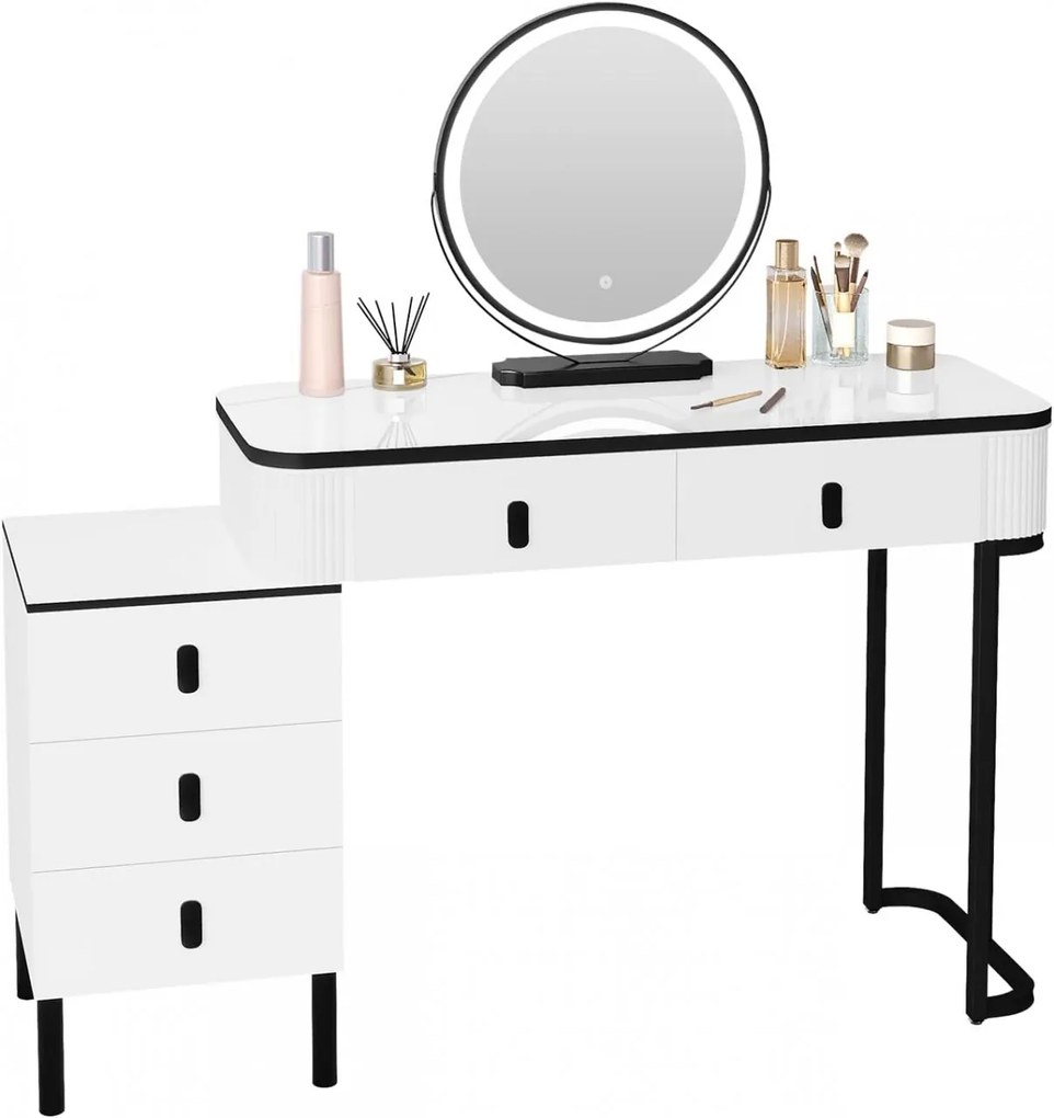 SEA470 - Set Masa toaleta 100 cm cosmetica machiaj, oglinda cu LED, masuta vanity, cu sau fara taburet - Alb - Negru