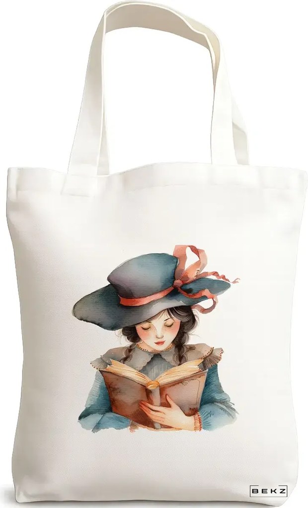 Sacosa de Panza pentru Cumparaturi, Geanta Tote, model The bookie girl 39 38 x 34.5 cm, Alba, BEKZ®